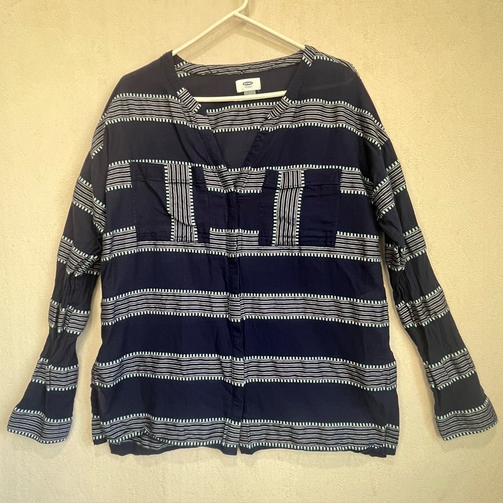 Old Navy Women's 100% Cotton Striped Button Down Shirt Sz M Blue White Natural